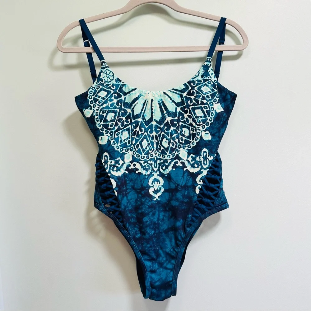 Lucky Brand Batik chic blue and white boho one piece swimsuit, size small